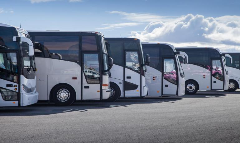 Autobus bianchi parcheggiati in fila sotto un cielo nuvoloso.